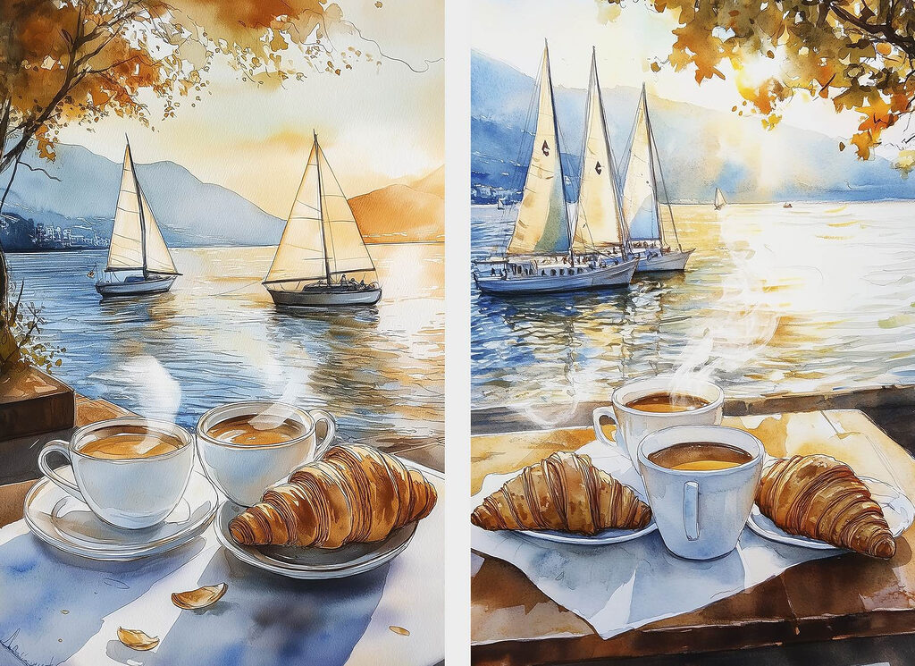 Café junto a veleros — diseño completo