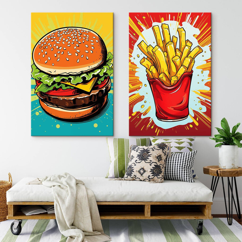 Hamburguesa y patatas fritas en un interior