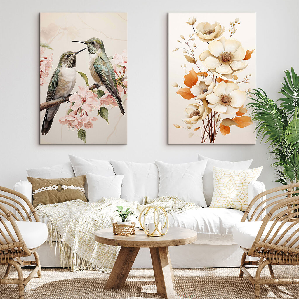 Aves entre flores en un interior