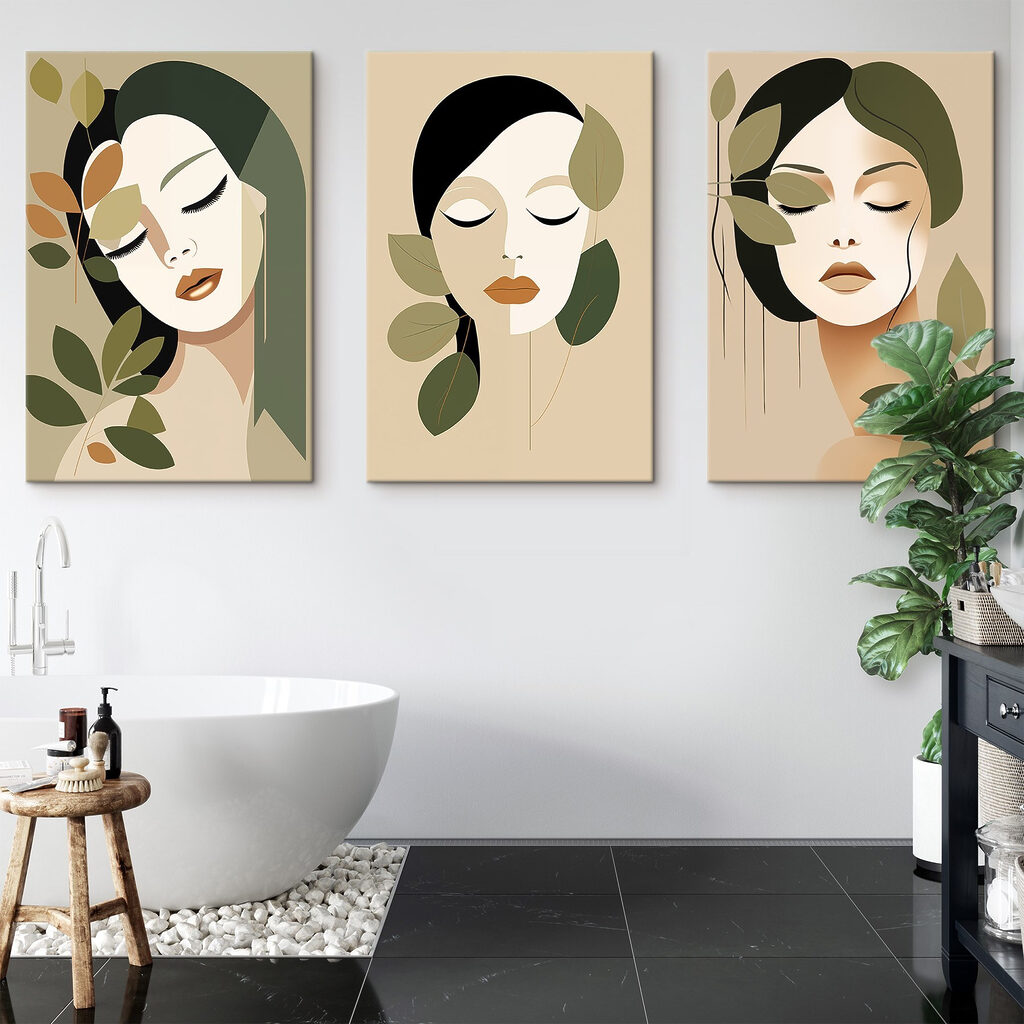 Tres mujeres con hojas en un interior