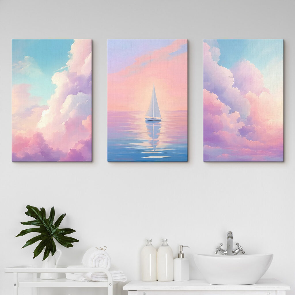 Velas entre nubes pastel en un interior