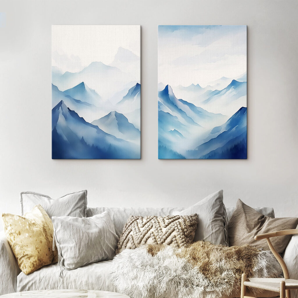 Montañas en neblina azul en un interior