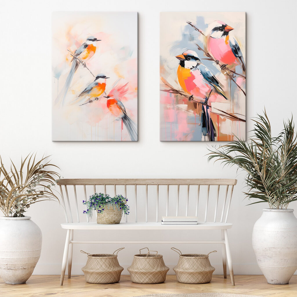 Pájaros en las ramas en un interior