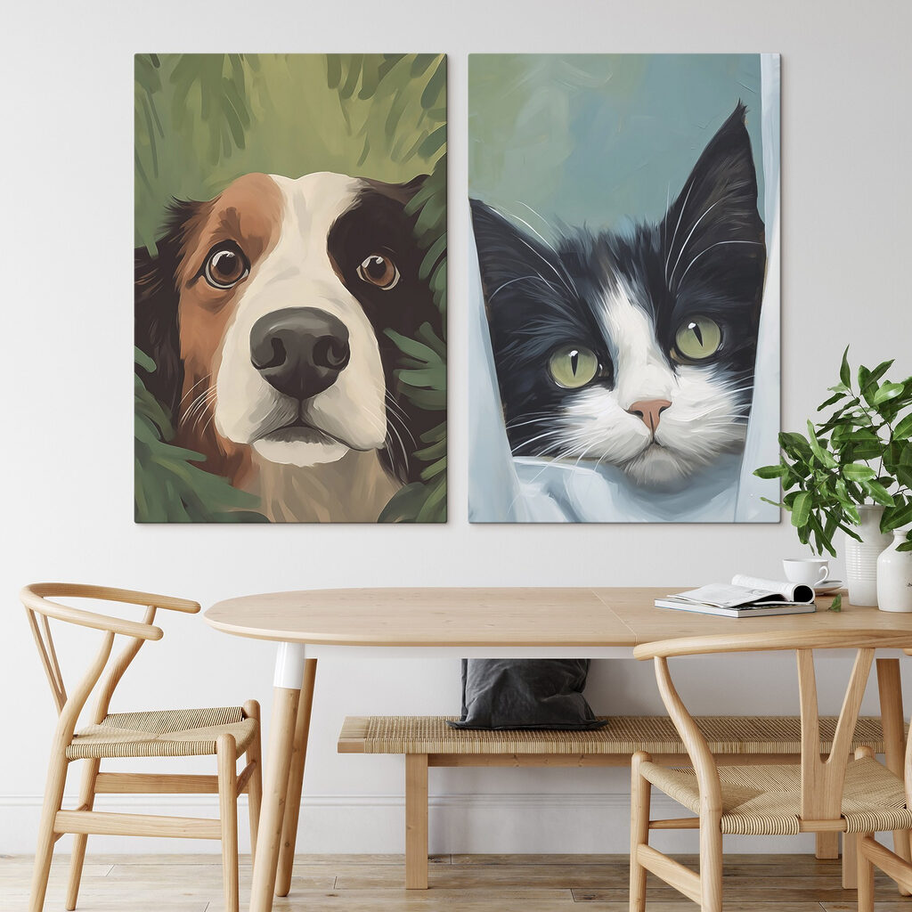 Perro y gato curiosos en un interior