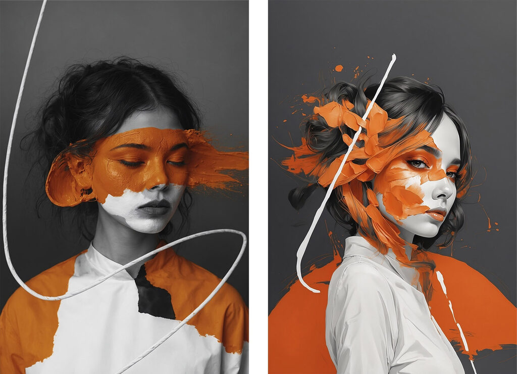 Mujer con pintura naranja — diseño completo