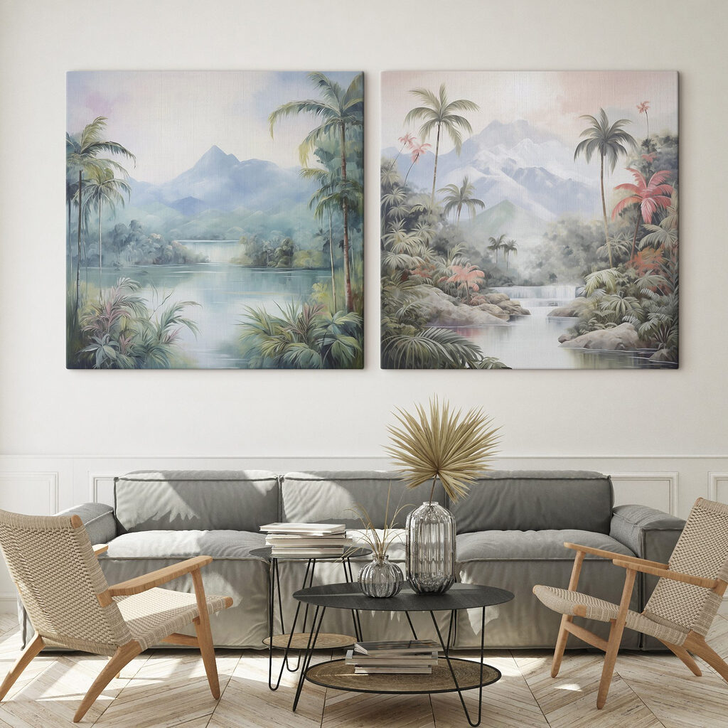 Paisaje tropical con niebla en un interior