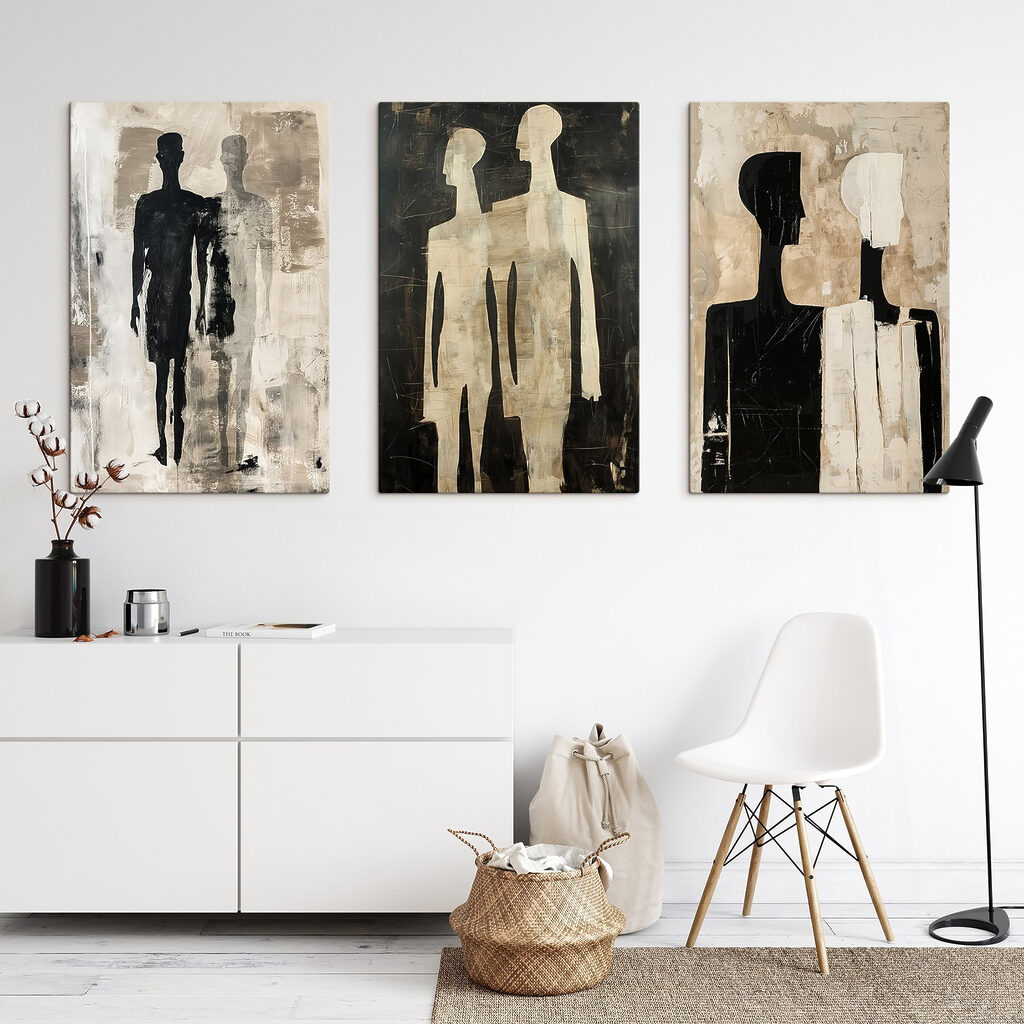 Figuras humanas minimalistas en un interior