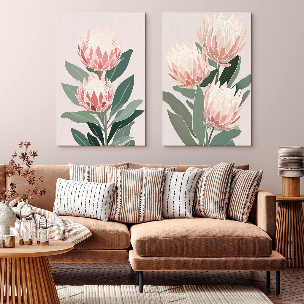 Proteas en tonos pastel en un interior