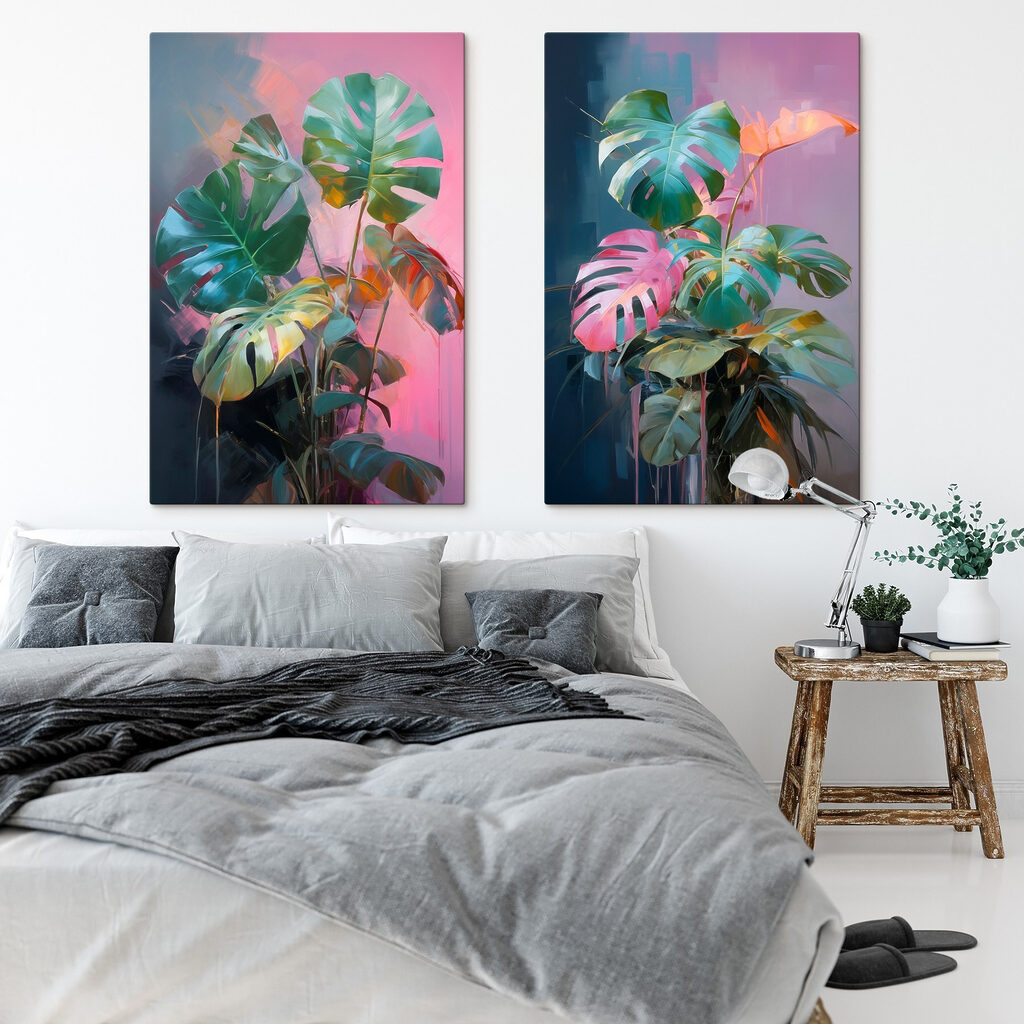 Plantas de monstera pintadas en un interior