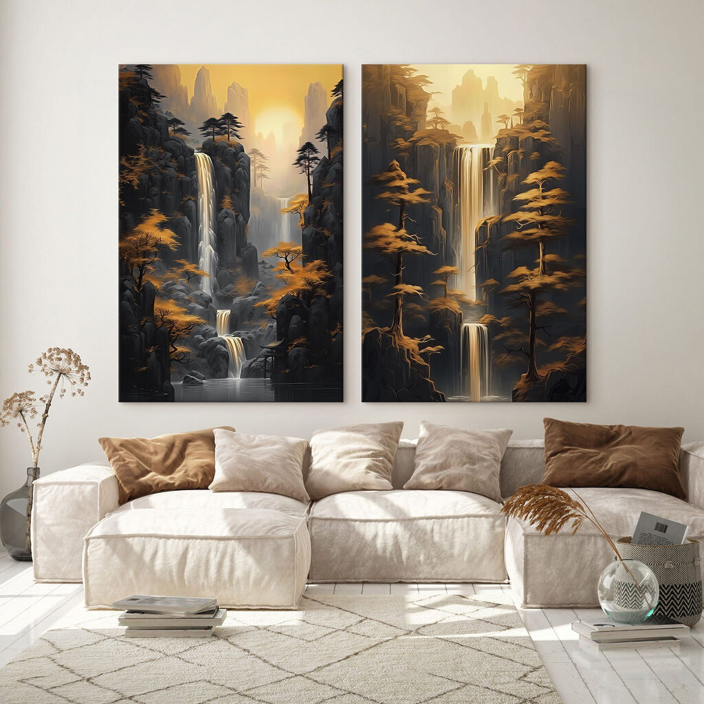 Cascadas al atardecer en un interior