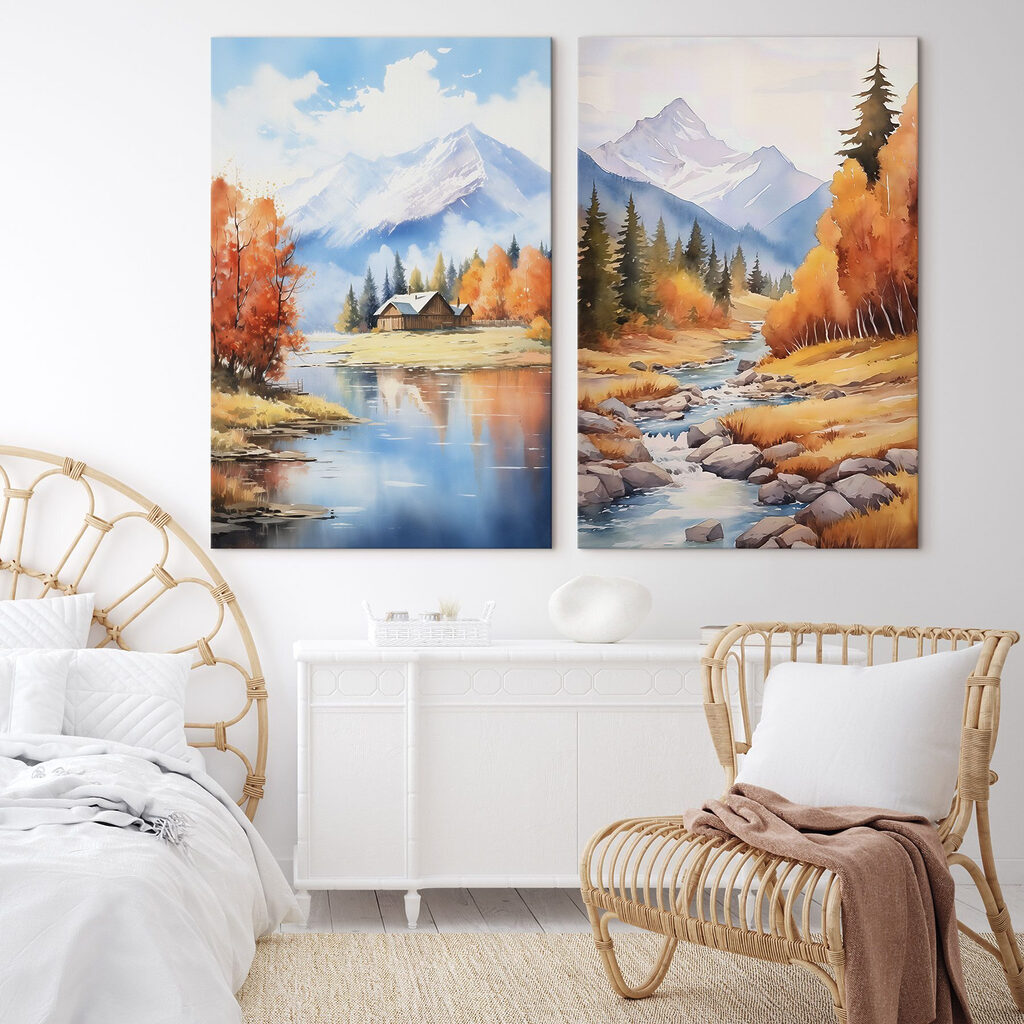 Paisaje otoñal en acuarela en un interior