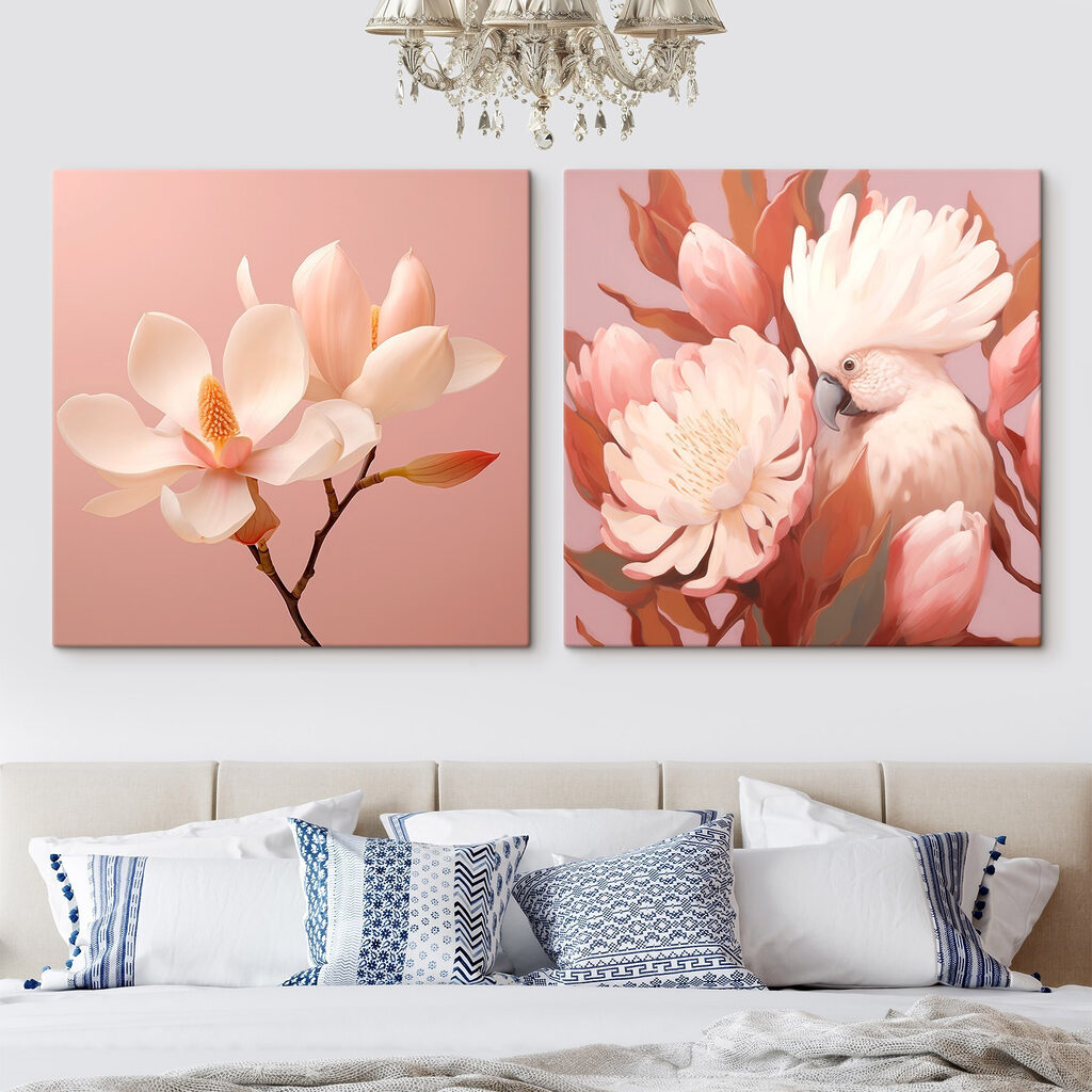 Flores y un pájaro en un interior