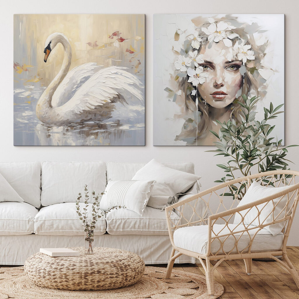 Mujer y cisne en un interior