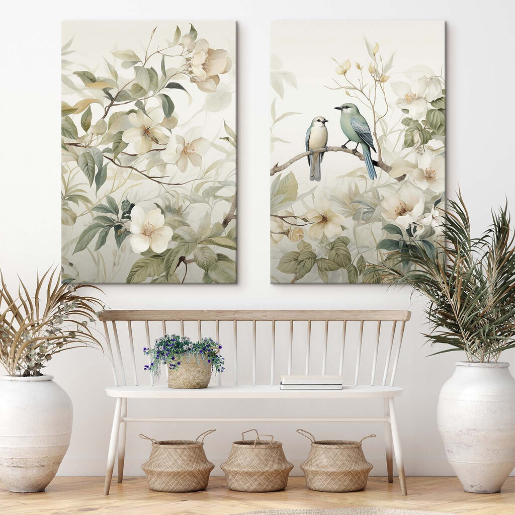 Pájaros entre ramas floridas en un interior