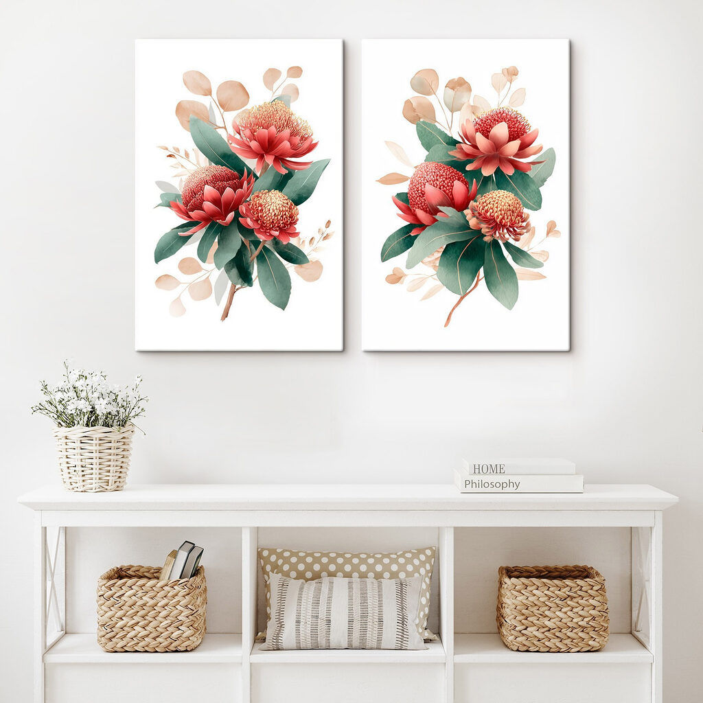 Flores rojas y rosas en un interior