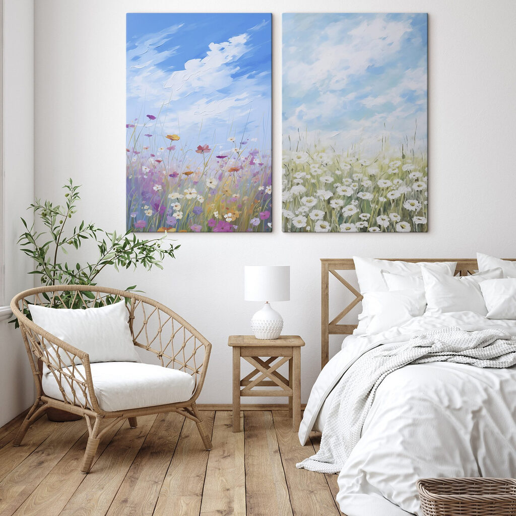 Cielo azul sobre flores en un interior