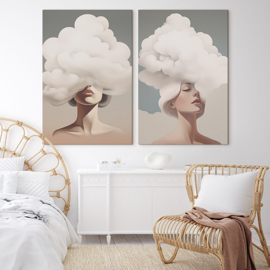 Cabeza en las nubes en un interior