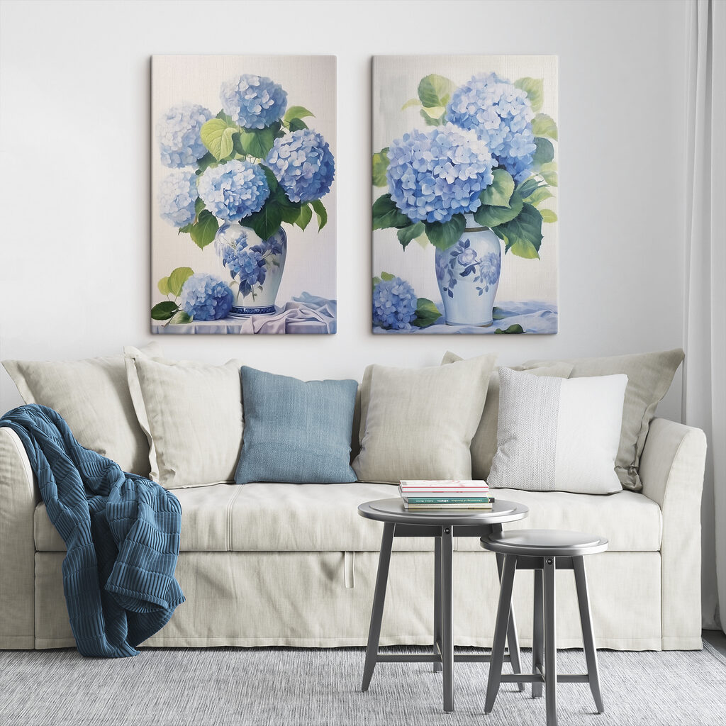 Bodegón de hortensias en un interior