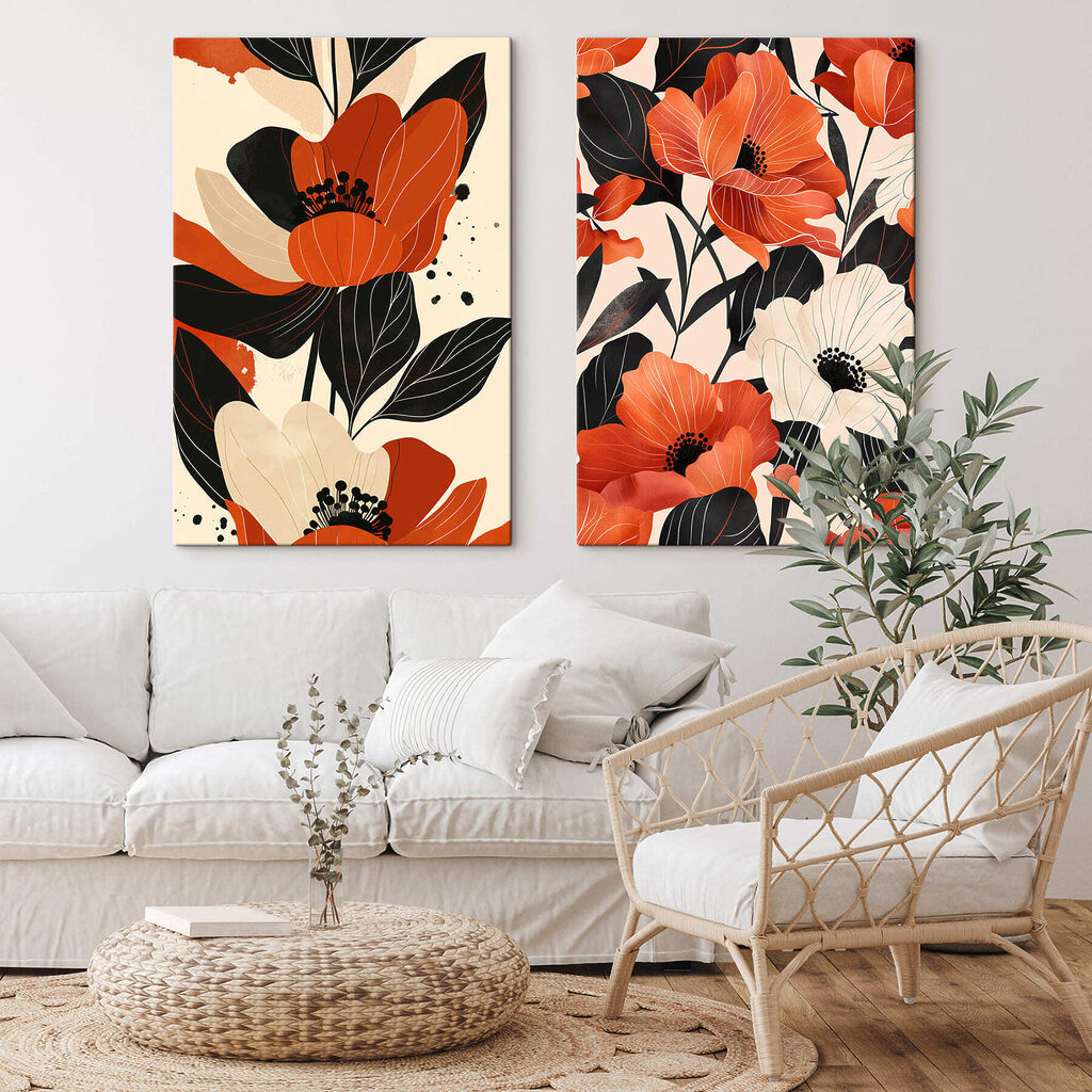 Flores estilizadas en contraste en un interior