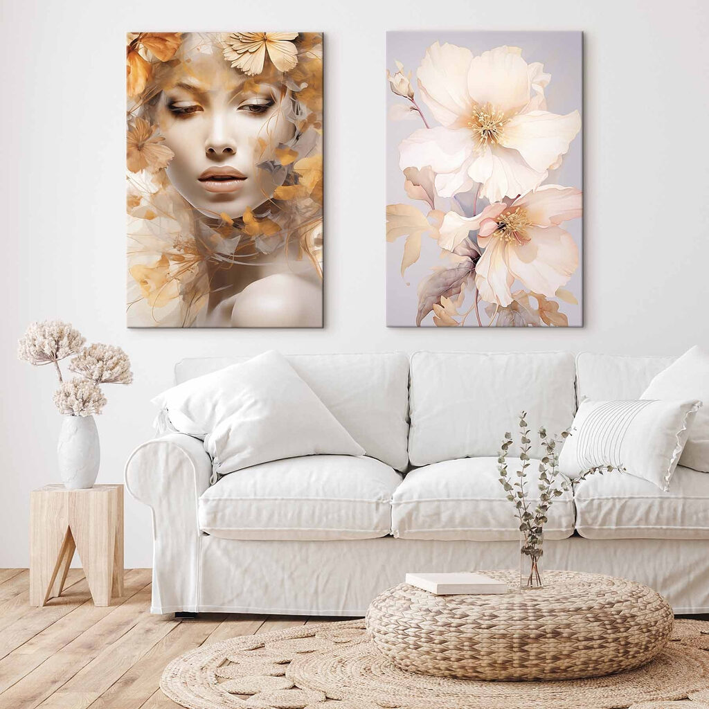 Rostro enmarcado por flores en un interior
