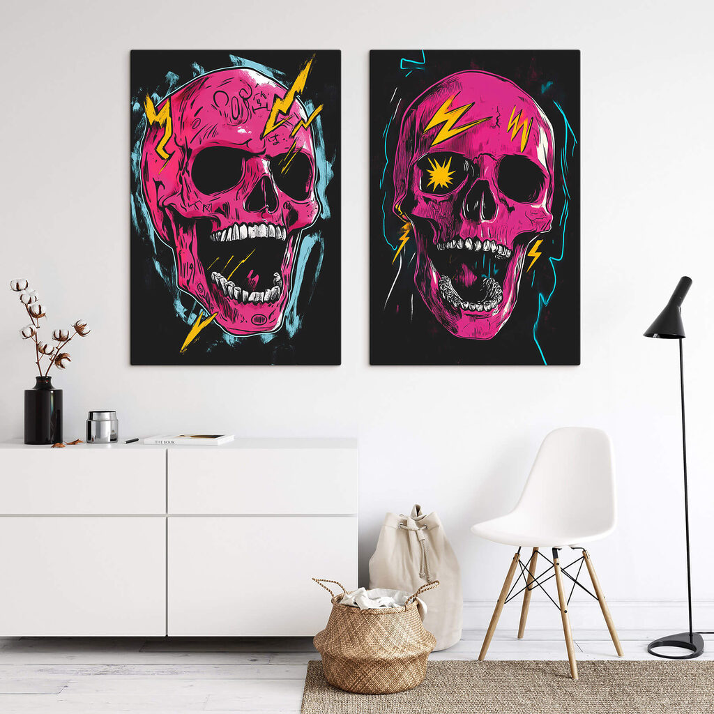 Calavera rosa con rayos en un interior