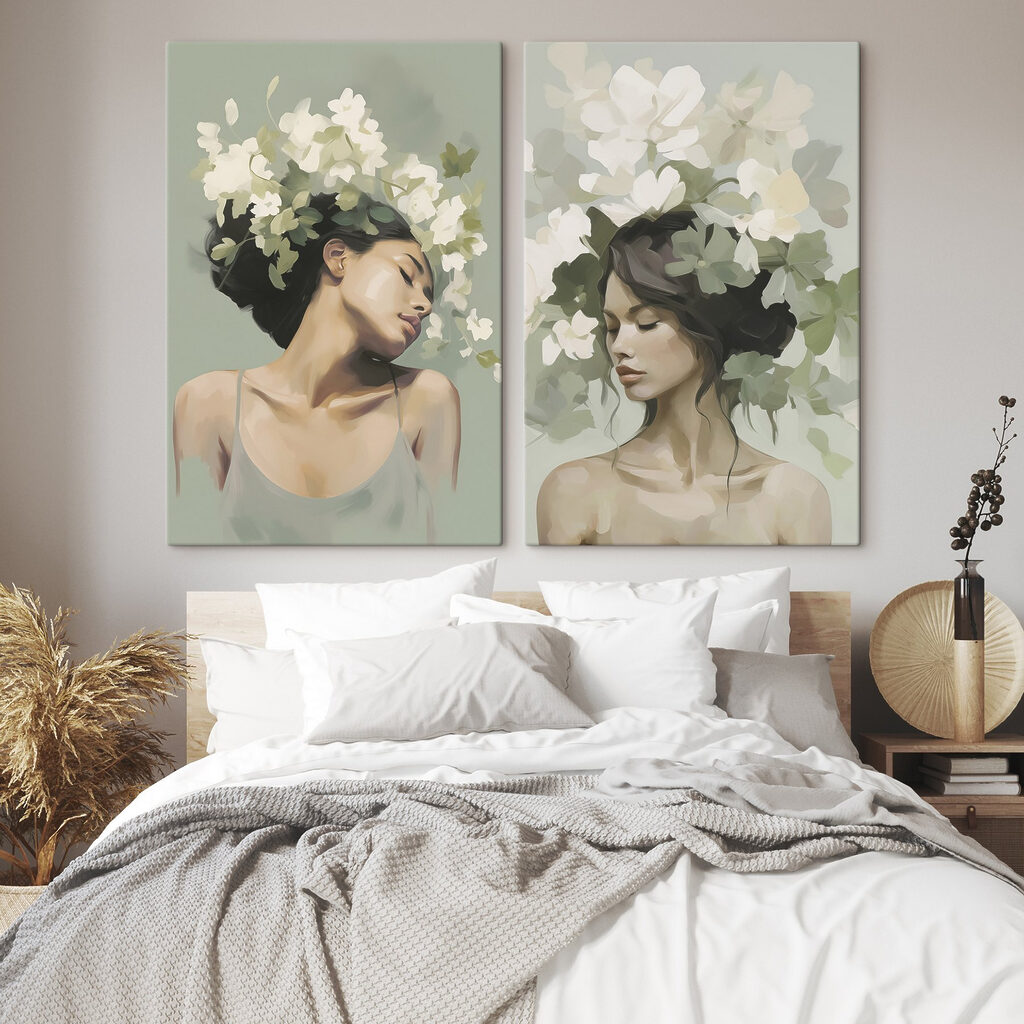 Retratos con flores blancas en un interior