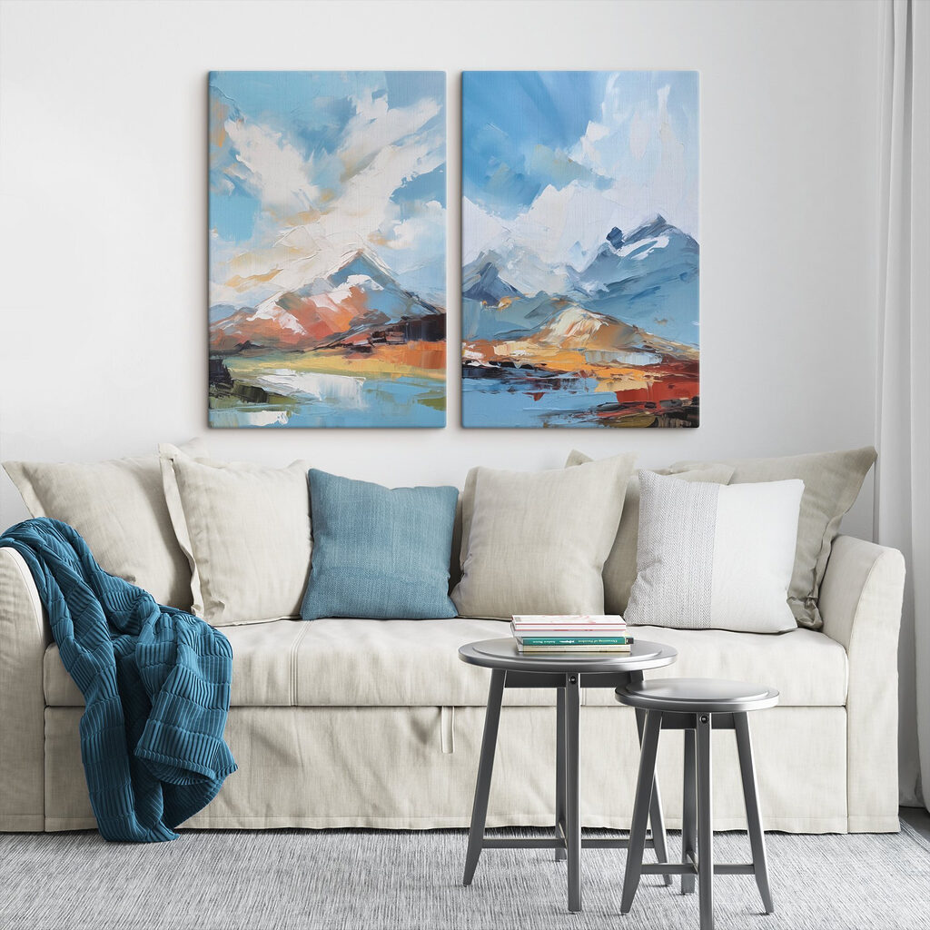 Montañas junto al agua en un interior