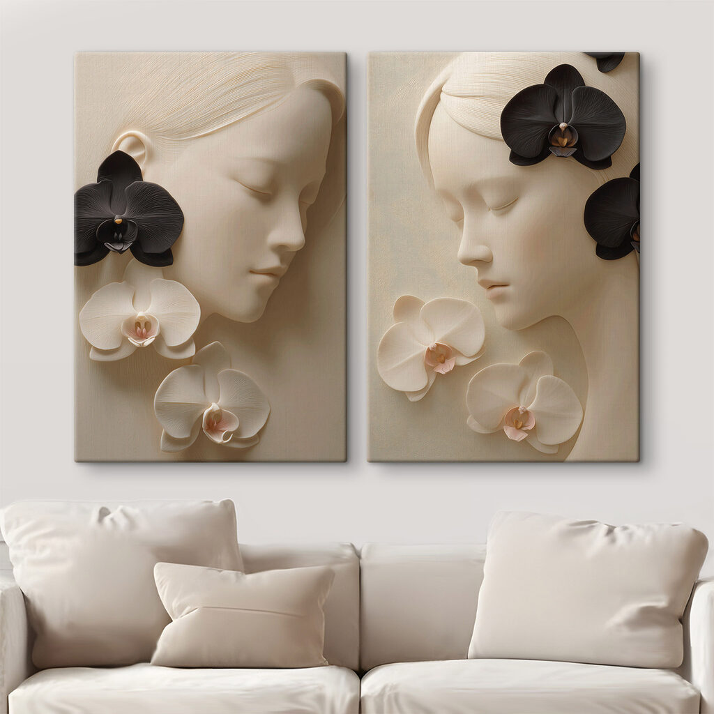 Rostro escultural con orquídeas en un interior