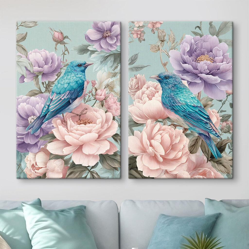 Pájaros entre flores en un interior