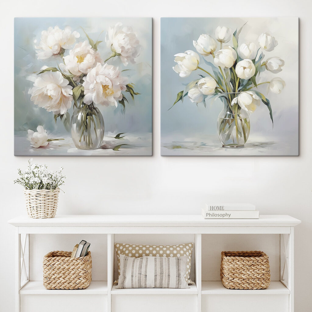 Peonías y tulipanes en un interior