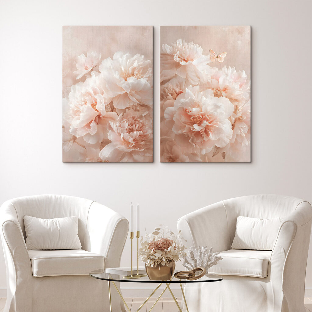 Peonías rosas con mariposas en un interior