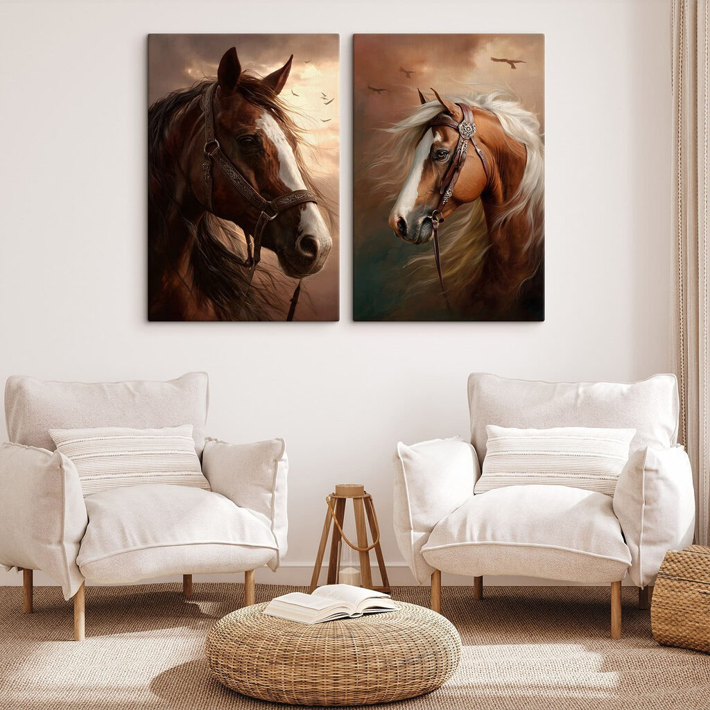Caballos con bridas en un interior