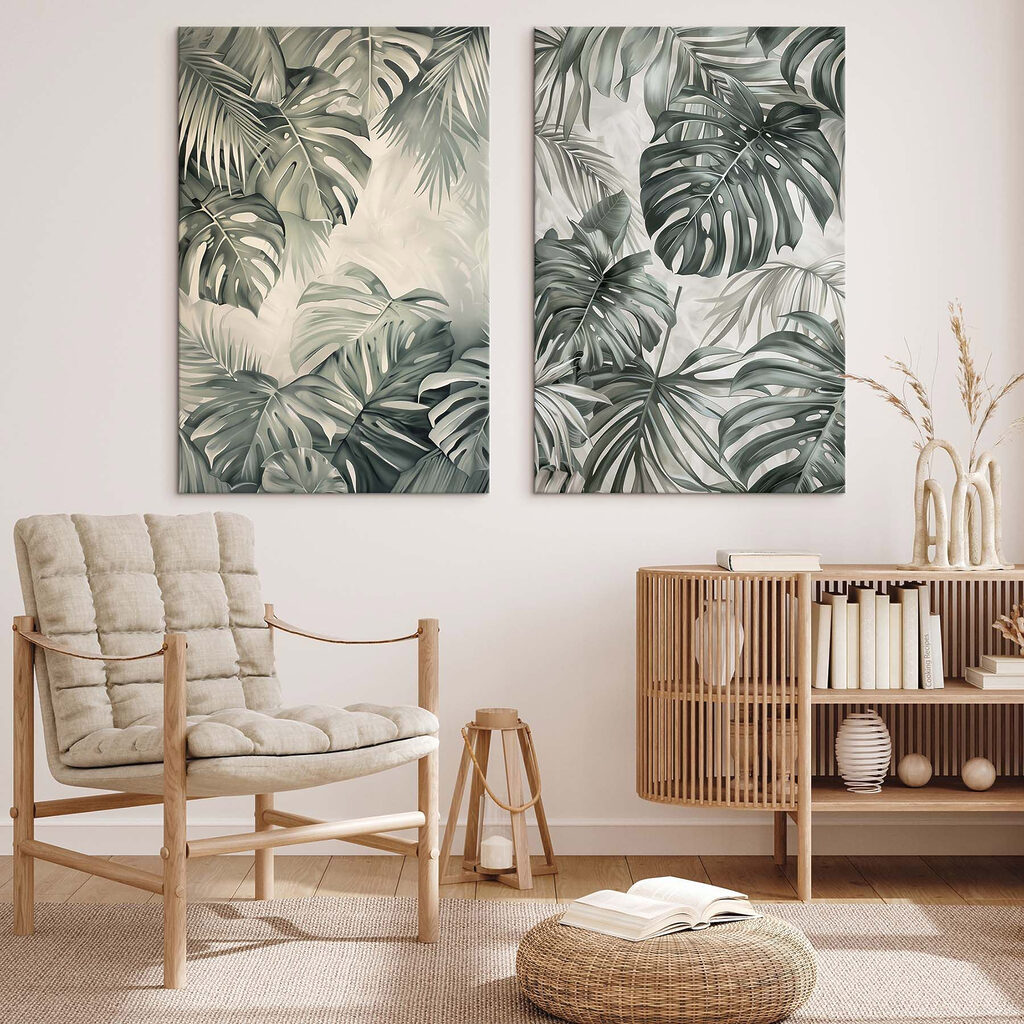 Hojas tropicales a tinta en un interior