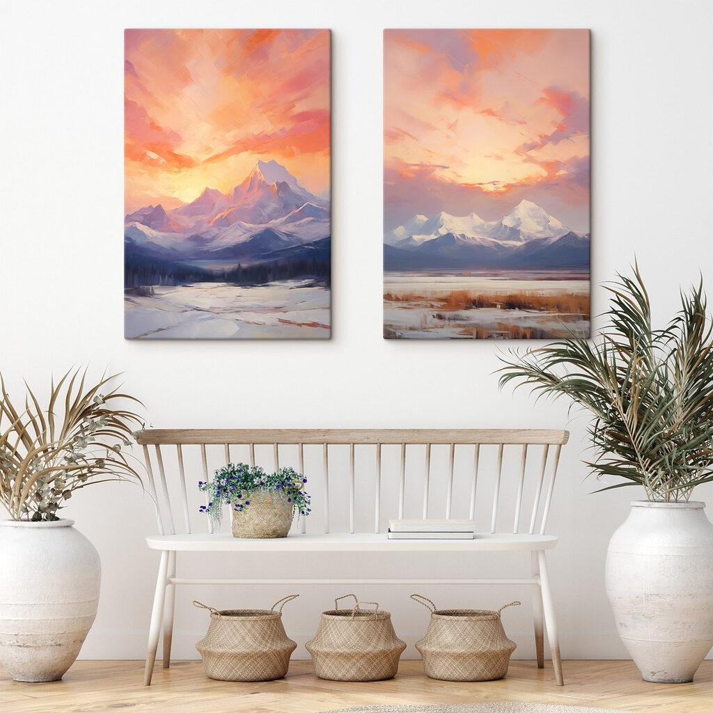 Atardecer rosa sobre montañas en un interior