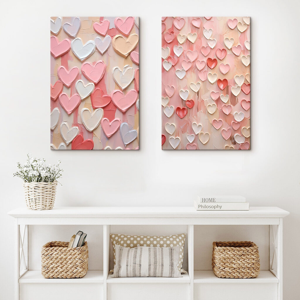 Corazones rosas y blancos en un interior