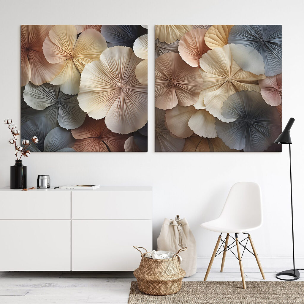 Abanicos rosa y gris en un interior