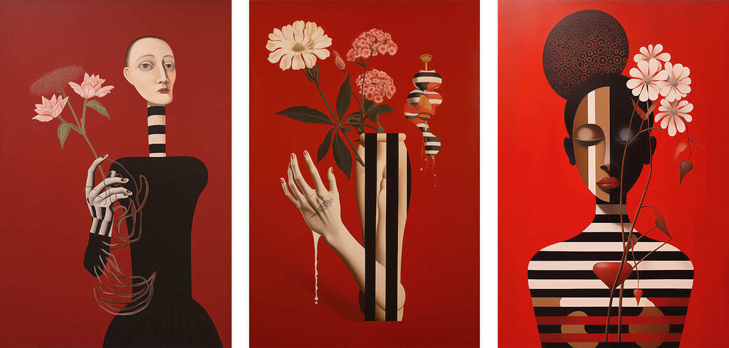 Figuras rayadas con flores — diseño completo