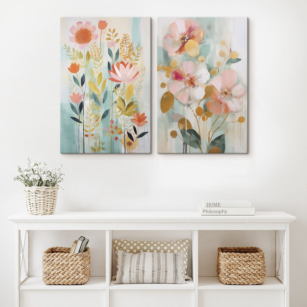 Flores y hojas estilizadas en un interior