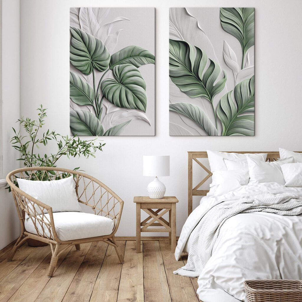 Hojas verdes sobre gris en un interior