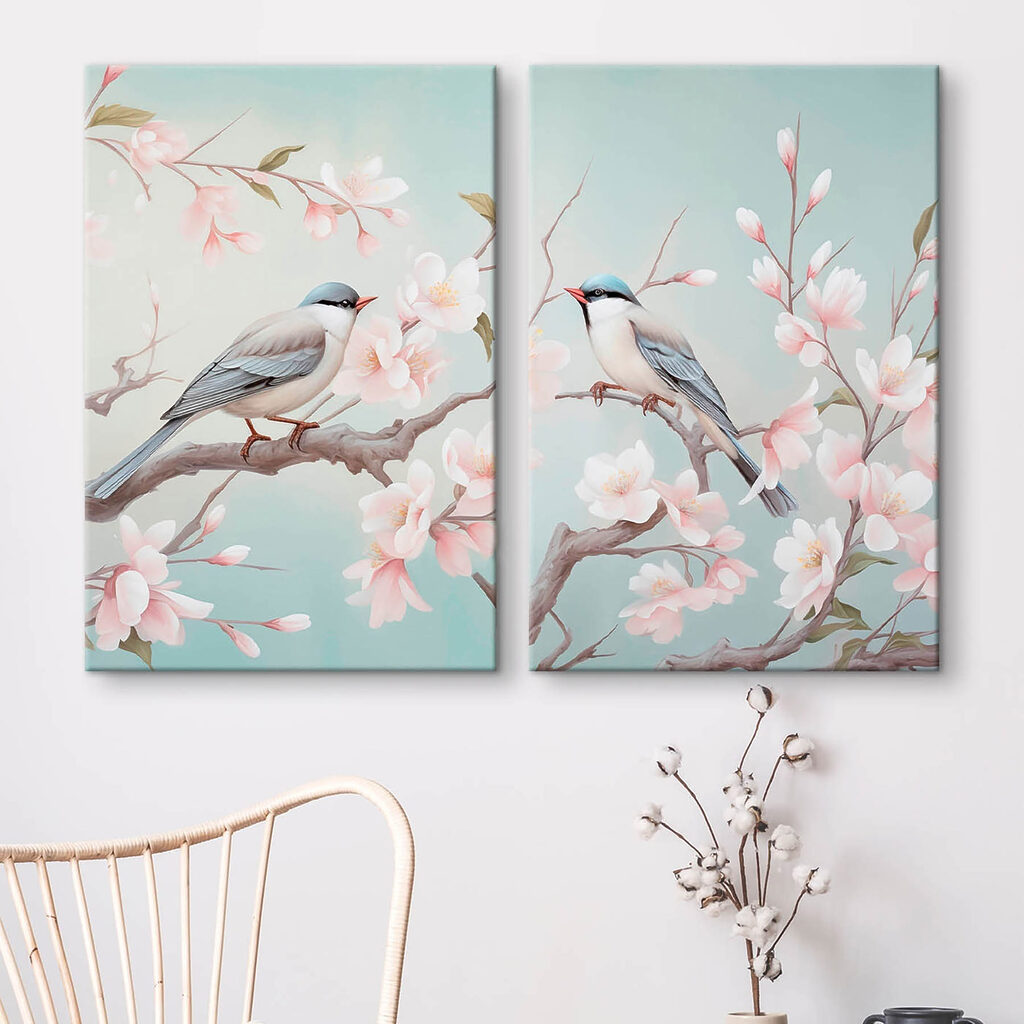 Aves en ramas floridas en un interior