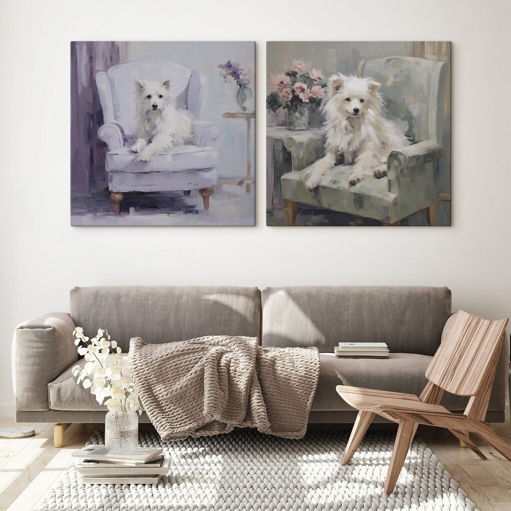 Perrito blanco y flores en un interior