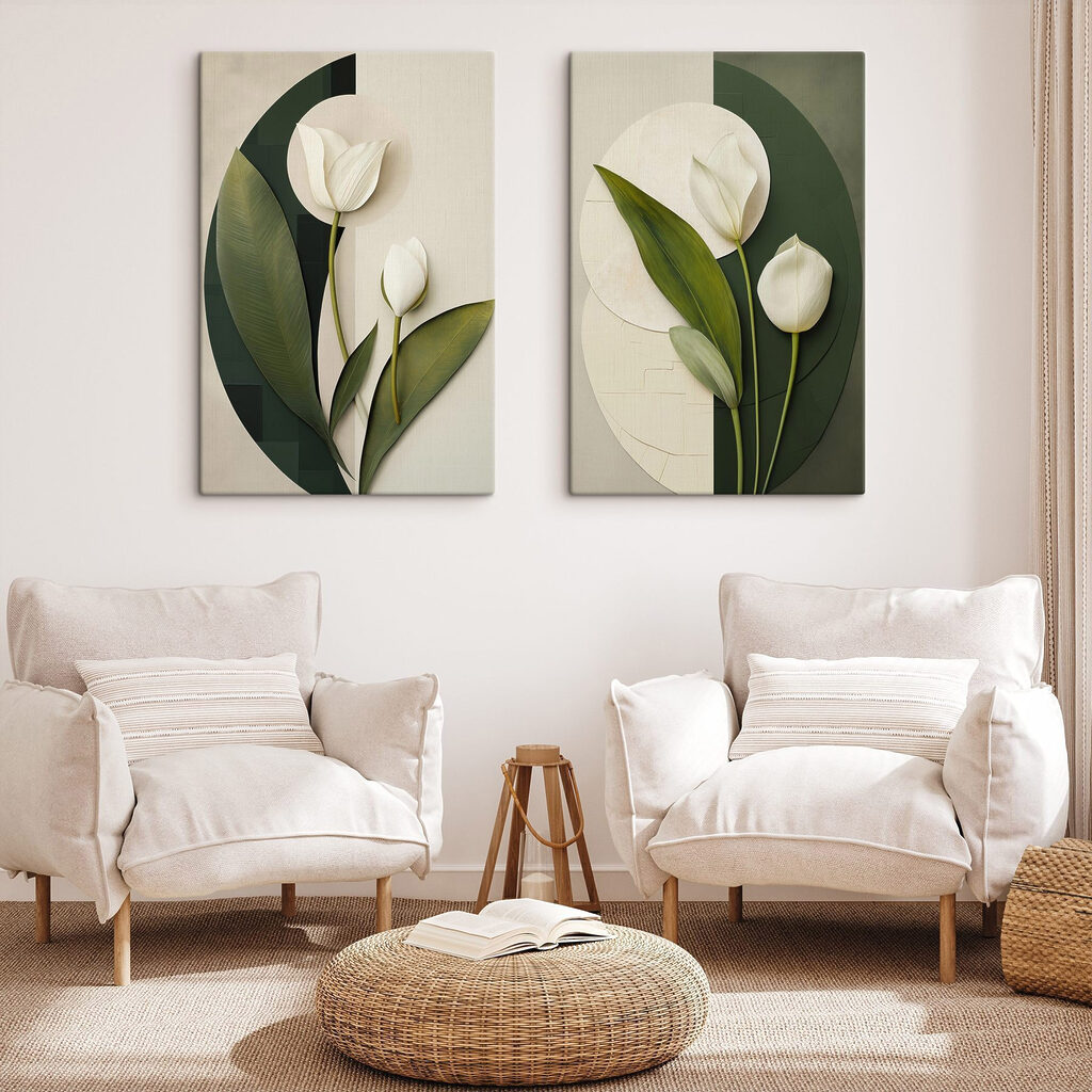 Tulipanes blancos entre círculos en un interior