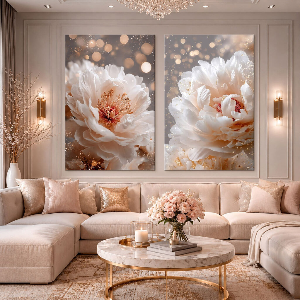 Flores blancas y destellos en un interior