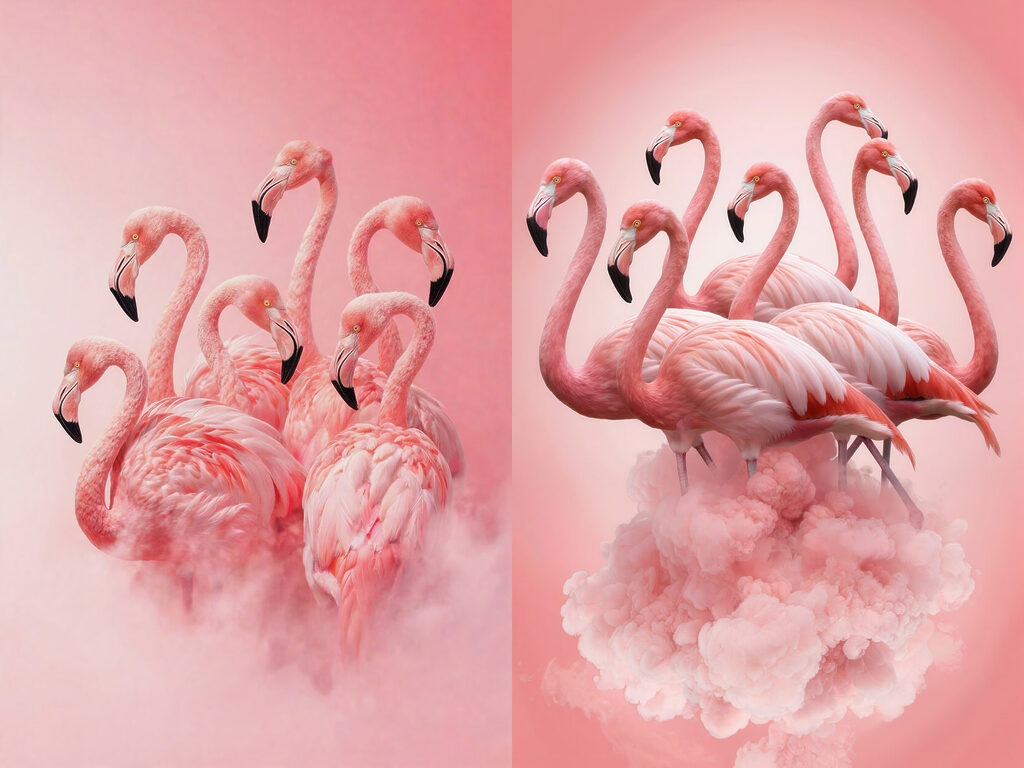 Flamencos entre nubes — diseño completo