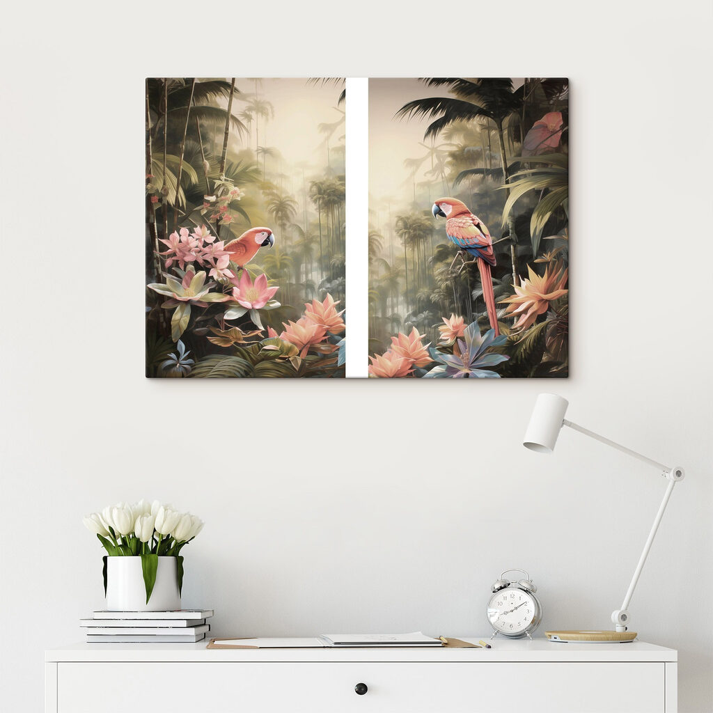 Loros entre hojas tropicales en un interior