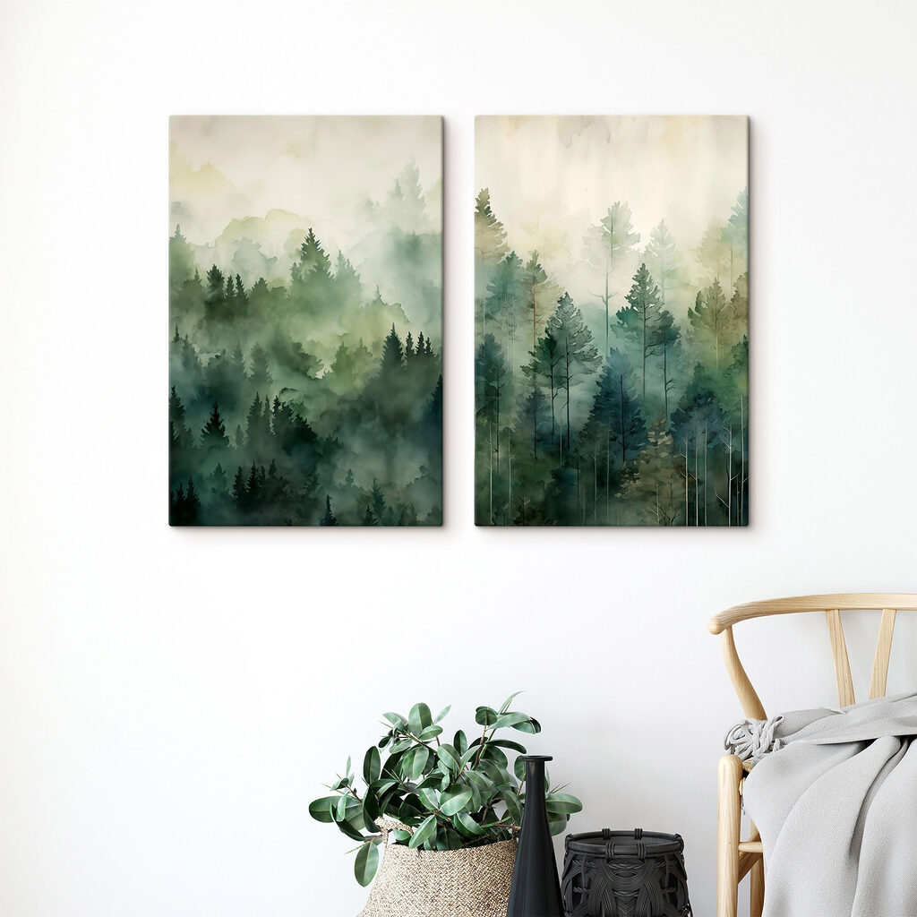 Bosque verde en bruma en un interior
