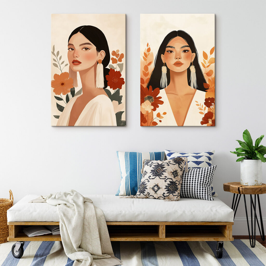 Retratos entre flores en un interior