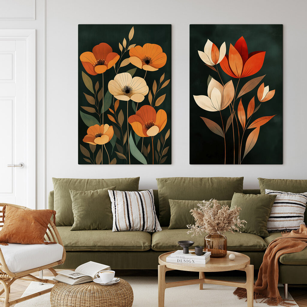 Flores sobre verde oscuro en un interior