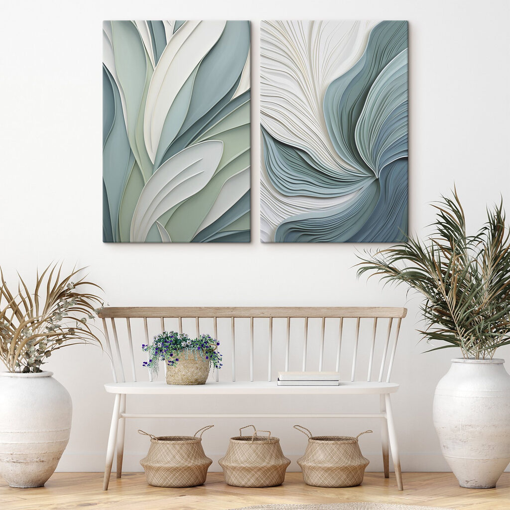 Hojas entre olas azuladas — interior 1