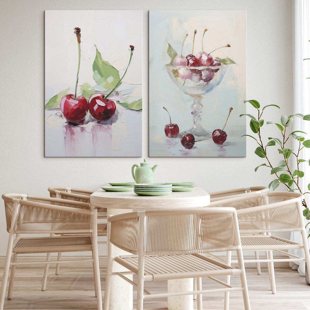 Bodegón de cerezas en un interior